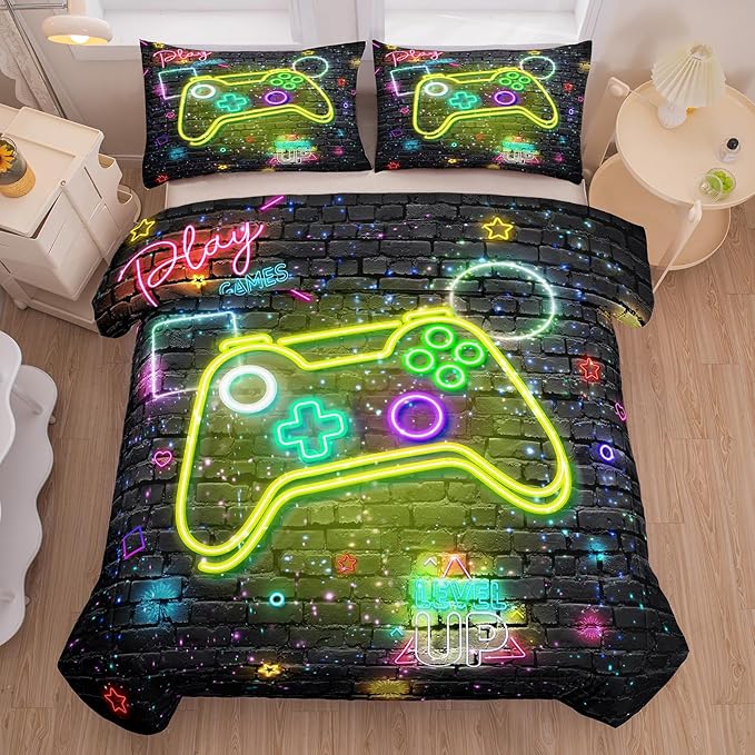 NINENINE Gamer Bedding Sets Twin Comforter Sets for Boys 5PCS,Twin Bedding Sets for Boys,Kids Comforter Sets Boys(1Comforter, 1Flat Sheet, 1Fitted Sheet, 2Pillowcases) - LeafyLoom