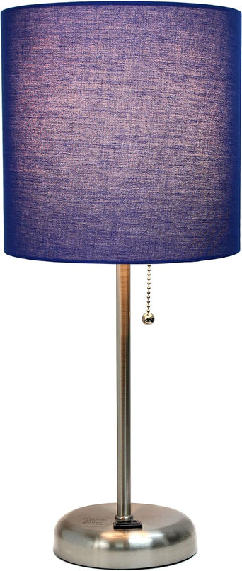Simple Designs LT1144-NAV Sleek and Slender Brushed Steel Table Lamp with Charging Outlet, for Bedroom, Living Room, Entryway, Office, Dining Room, Study, Navy Blue Shade - LeafyLoom