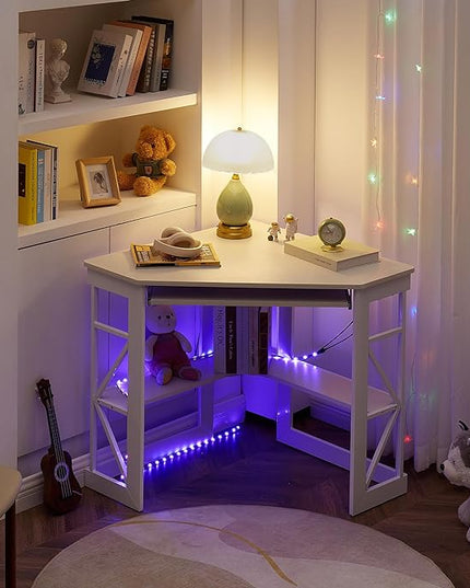 VECELO Corner Computer Desk 41 x 30 inches with Smooth Keyboard & Storage Shelves for Home Office Workstation, White - LeafyLoom
