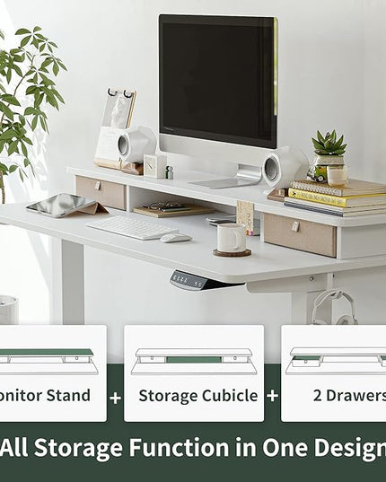 FEZIBO 55 x 24 Inch Height Adjustable Electric Standing Desk with Double Drawer, Stand Up Desk with Storage Shelf, Sit Stand Desk, White - LeafyLoom