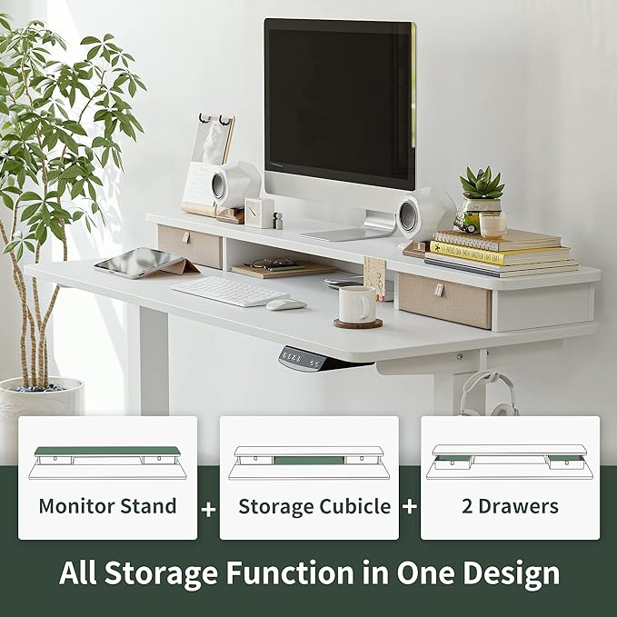 FEZIBO 55 x 24 Inch Height Adjustable Electric Standing Desk with Double Drawer, Stand Up Desk with Storage Shelf, Sit Stand Desk, White - LeafyLoom