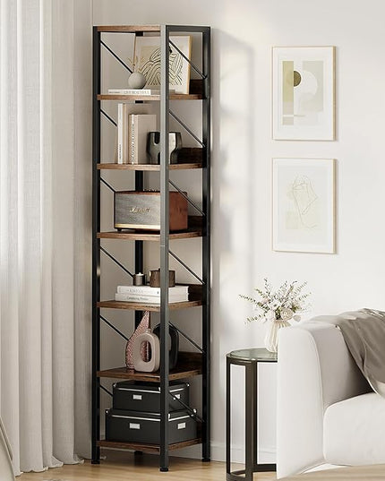 IDEALHOUSE Narrow Bookshelf Tall Skinny Bookcase 6 Tier Storage Rack Rustic Corner Shelf Metal Frame Small Freestanding Bookshelves Industrial Display Stand for Bedroom, Living Room, Home Office - LeafyLoom