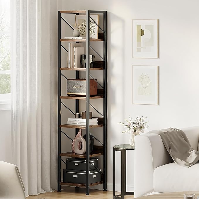 IDEALHOUSE Narrow Bookshelf Tall Skinny Bookcase 6 Tier Storage Rack Rustic Corner Shelf Metal Frame Small Freestanding Bookshelves Industrial Display Stand for Bedroom, Living Room, Home Office - LeafyLoom