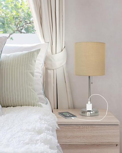 Simple Designs LT1144-TAN Sleek and Slender Brushed Steel Table Lamp with Charging Outlet, for Bedroom, Living Room, Entryway, Office, Dining Room, Study, Tan Shade - LeafyLoom