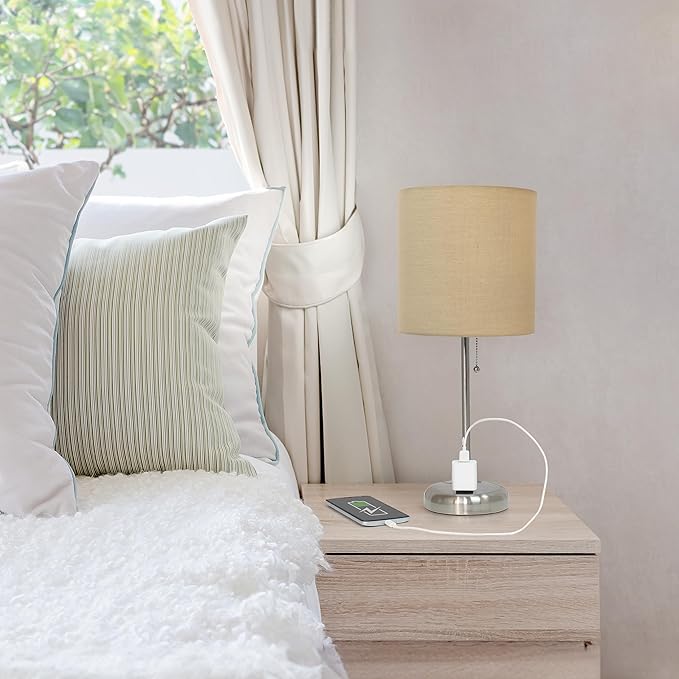 Simple Designs LT1144-TAN Sleek and Slender Brushed Steel Table Lamp with Charging Outlet, for Bedroom, Living Room, Entryway, Office, Dining Room, Study, Tan Shade - LeafyLoom