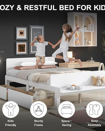 Dolonm Full Bed Frames for Kids with 2 Drawers, Storage Platform Bed with Footboard Bench, Twin Kids Bed Headboard Frame Pine Wood, High Stable, No Box Spring Needed, Twin Bed for Kids, White - LeafyLoom