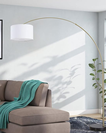 Modern 81" Arc X-LARGE Tall Living Room-Stand Up Arching Drum Shade Large Floor Lamp with Real Marble Base for Dinning/Bedrooms-Corner Lamp for Office Lighting White/Gold (99-6938GLD) - LeafyLoom
