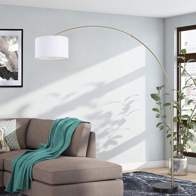 Modern 81" Arc X-LARGE Tall Living Room-Stand Up Arching Drum Shade Large Floor Lamp with Real Marble Base for Dinning/Bedrooms-Corner Lamp for Office Lighting White/Gold (99-6938GLD) - LeafyLoom