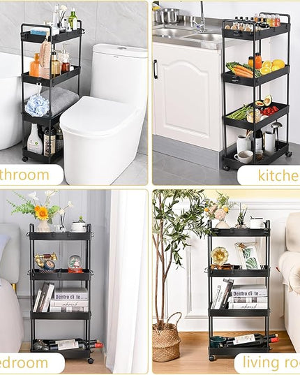 AROGAN Rolling Storage Cart with Wheels, 4 Tier Bathroom Storage Cart Laundry Room Organizer, Rolling Utility Cart for Kitchen, Bathroom, Laundry Room, Office, Narrow Place (Black) - LeafyLoom