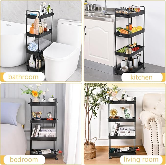 AROGAN Rolling Storage Cart with Wheels, 4 Tier Bathroom Storage Cart Laundry Room Organizer, Rolling Utility Cart for Kitchen, Bathroom, Laundry Room, Office, Narrow Place (Black) - LeafyLoom