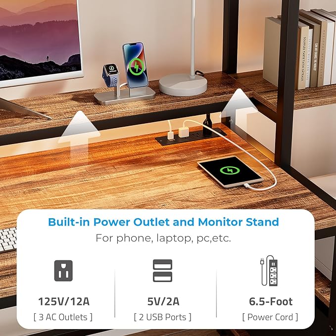 GreenForest Computer Desk with Drawer and Printer Shelf, 68.8 inch Home Office Desk with LED Lights and Power Outlets, Desk with Storage for Study Gaming Working, Walnut - LeafyLoom