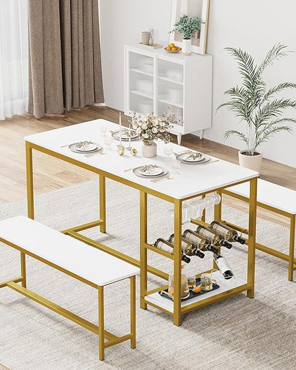 3-Piece Kitchen Table for 4, 55" Dining Table Set with 2 Benches, Dining Room Table with Metal Frame, Storage Shelf, Wine and Glass Rack, Modern (white) (White) - LeafyLoom
