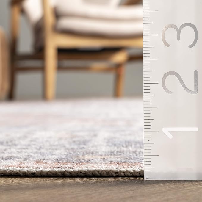 nuLOOM 6x9 Machine Washable Rain Haven Vintage Medallion Area Rug, Peach, Traditional Faded Design, Non-Slip Backing, Stain Resistant, For Bedroom, Dining Room, Living Room, Kitchen - LeafyLoom