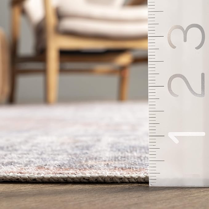 nuLOOM 2x12 Machine Washable Rain Haven Vintage Medallion Area Rug, Peach, Traditional Faded Design, Non-Slip Backing, Stain Resistant, For Bedroom, Dining Room, Living Room, Kitchen - LeafyLoom