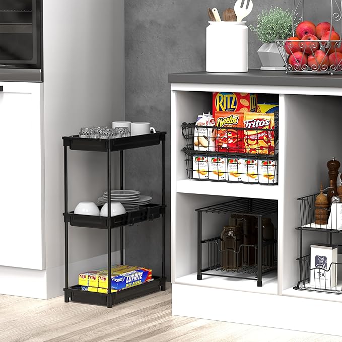 SimpleHouseware Standard 3-Tier Slim Rolling Storage Cart, Black - LeafyLoom