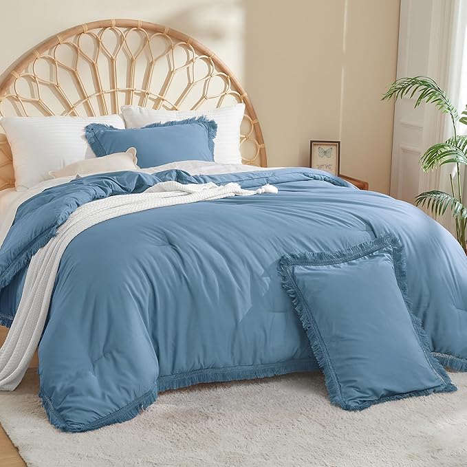 Litanika Grayish Blue Comforter Queen Set, Boho Tassel Comforter Aesthetic 3 Pieces, Lightweight Fringe Microfiber Bedding Set for All Season(1 Comforter 90x90 inch, 2 Pillowcases) - LeafyLoom