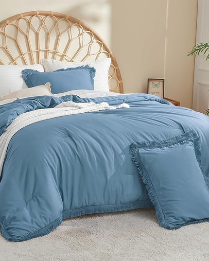 Litanika Grayish Blue King Size Comforter Set, Boho Tassel Comforter Aesthetic 3 Pieces, Lightweight Fringe Microfiber Bedding Set for All Season(1 Comforter 104x90 inch, 2 Pillowcases) - LeafyLoom