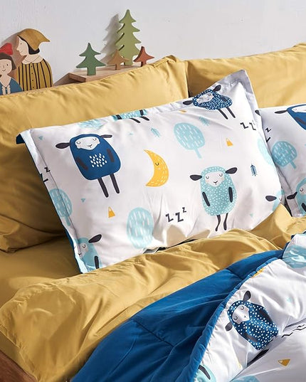SLEEP ZONE Kids Bedding Comforter Set Full/Queen Size - Super Cute & Soft Kids Bedding 7 Pieces Set with Comforter, Sheet, Pillowcase & Sham (Blue Sheep) - LeafyLoom