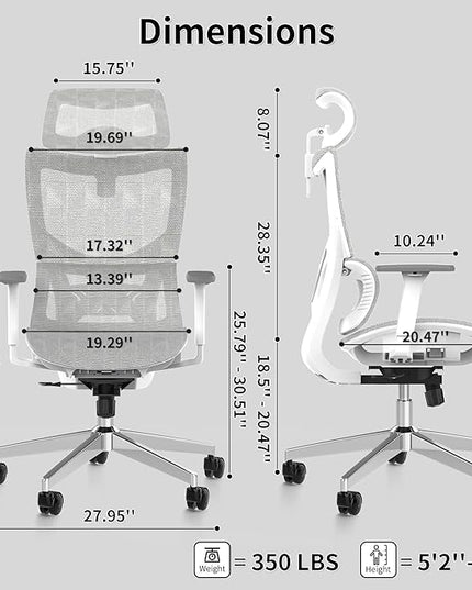 Ergonomic Office Chair with 3D Armrest, Big and Tall Computer Desk Chair with Adjustable Headrest, Seat Depth, Lumbar Support, Home Office Gaming Chair White - LeafyLoom