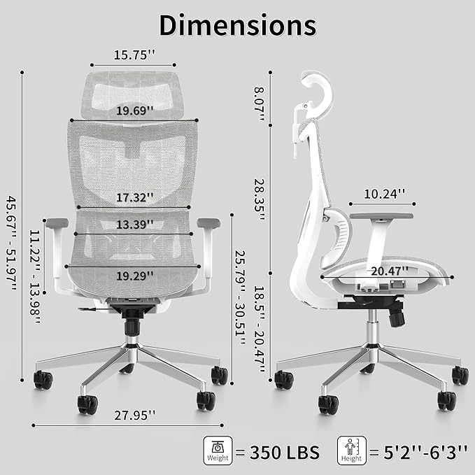 Ergonomic Office Chair with 3D Armrest, Big and Tall Computer Desk Chair with Adjustable Headrest, Seat Depth, Lumbar Support, Home Office Gaming Chair White - LeafyLoom