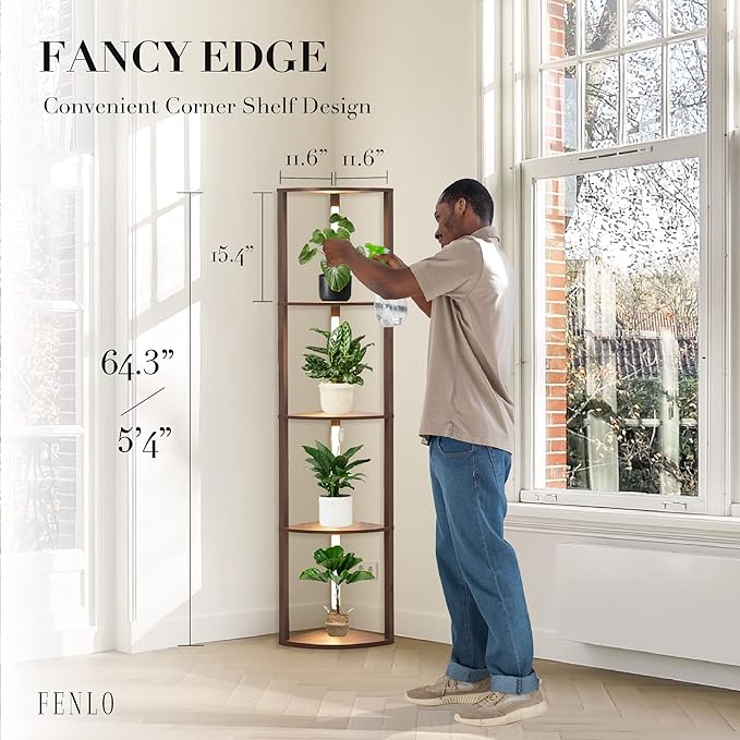 FENLO Fancy - LED Display Shelf with Dimmable Lights, LED Shelf Floor Lamps for Living Room, Sturdy Corner Shelf Curio Cabinet Display, Tall Floor Lamps with Shelves - LeafyLoom