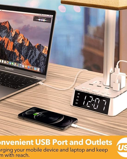 Table Lamp Bedside Lamp with 4 USB Ports and AC Power Outlets, Alarm Clock Base w/ 5Ft Extension Cord, Square Oatmeal Fabric Lampshade Modern Accent Nightstand Lamps for Bedrooms Living Room - LeafyLoom