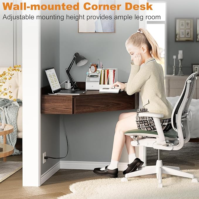 armocity Floating Corner Desk with Outlets & USB Ports, Wall-Mounted Corner Table for Small Space, Triangle Computer Desk with Drawer for Home Office, Vanity Desk, Corner Space, Bedroom, Espresso - LeafyLoom