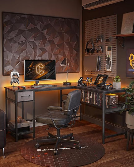 CubiCubi L Shaped Gaming Desk with Power Outlets and USB Charging Ports, 58" Reversible Corner Computer Desk with Storage Shelves and Drawer, Home Office Desk with Bookshlf, Black - LeafyLoom