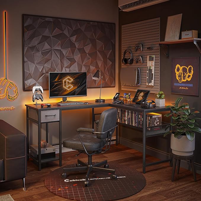 CubiCubi L Shaped Gaming Desk with Power Outlets and USB Charging Ports, 58" Reversible Corner Computer Desk with Storage Shelves and Drawer, Home Office Desk with Bookshlf, Black - LeafyLoom