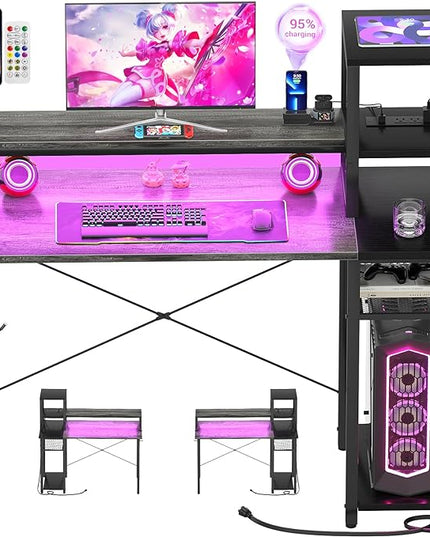 armocity 2024 Upgrade Gaming Desk with LED Lights, Small Computer Desk with Long Monitor Stand, 40'' Reversible Laptop Table with Storage Shelves, Small Desk for Small Spaces, Gaming Room, Grey - LeafyLoom