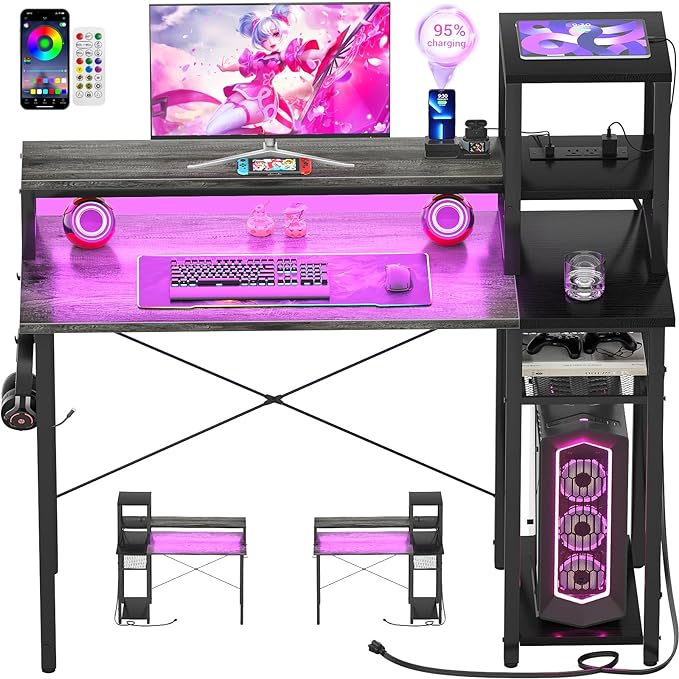 armocity 2024 Upgrade Gaming Desk with LED Lights, Small Computer Desk with Long Monitor Stand, 40'' Reversible Laptop Table with Storage Shelves, Small Desk for Small Spaces, Gaming Room, Grey - LeafyLoom