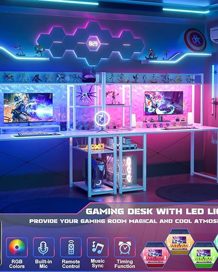 Cyclysio Gaming Desk with Hutch, 47'' Computer Desk with LED Lights & Power Outlets, Home Office Desk with Reversible 5 Tiers Storage Shelves & Monitor Stand, Small Gaming Table for Small Space, White - LeafyLoom