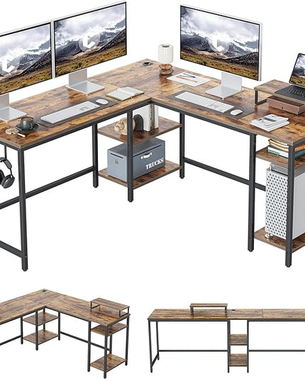 CubiCubi L Shaped Desk, 59.1 inch Reversible Corner Desk with Storage Shelves, Home Office Desk with Monitor Stand, Rustic Brown - LeafyLoom