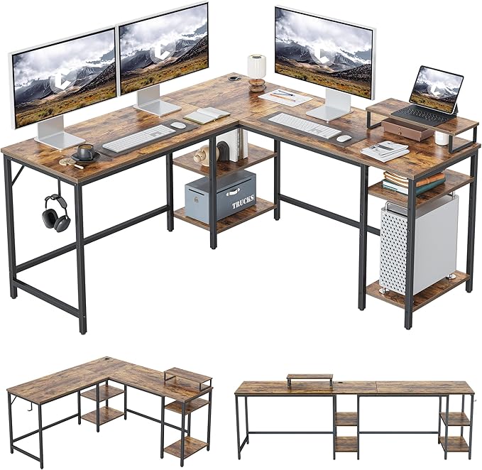 CubiCubi L Shaped Desk, 59.1 inch Reversible Corner Desk with Storage Shelves, Home Office Desk with Monitor Stand, Rustic Brown - LeafyLoom