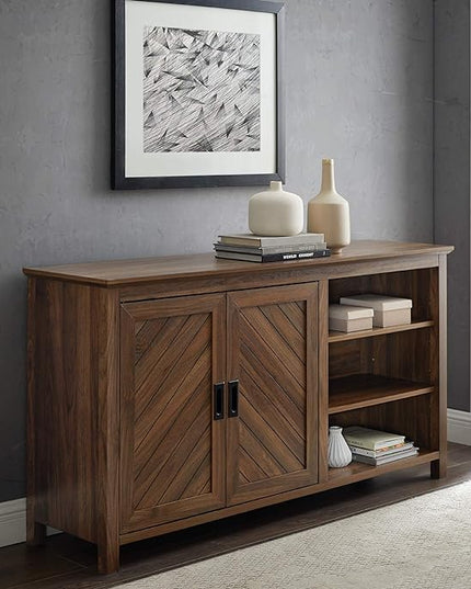Walker Edison Modern Wood Grooved Buffet Sideboard with Open Storage-Entryway Serving Storage Cabinet Doors-Dining Room Console, 58 Inch, Dark Walnut - LeafyLoom