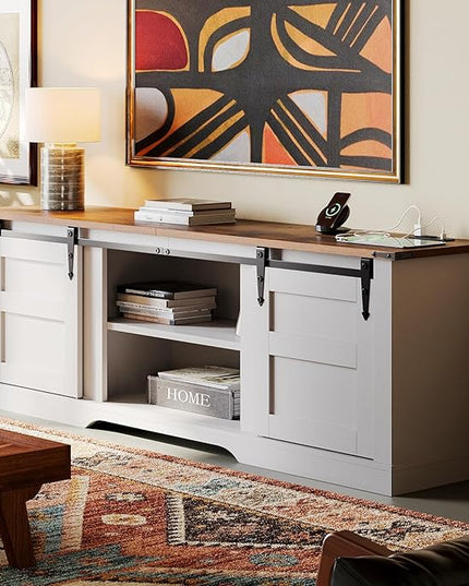 oneinmil TV Stand for 65” TV, Entertainment Center with Storage Cabinets and Sliding Barn Doors, Rustic Media TV Console Table for Living Room, Bedroom, White - LeafyLoom