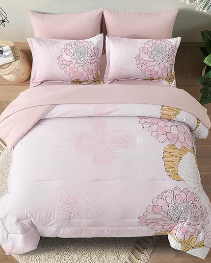 Pink Colorful Comforter Set King Size 7 Piece Floral Bed in a Bag Comforter for All Season Soft Microfiber Bedding Set for Teen Girls Women (103"×90") - LeafyLoom