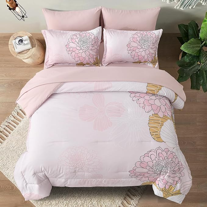 Pink Colorful Comforter Set King Size 7 Piece Floral Bed in a Bag Comforter for All Season Soft Microfiber Bedding Set for Teen Girls Women (103"×90") - LeafyLoom