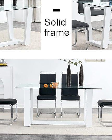 NicBex Glass Dining Table Large Modern Minimalist Rectangular for 6-8 with 0.4" Tempered Glass Tabletop and White MDF Trapezoid Bracket for Kitchen Dining Living Meeting Room Banquet Hall, White - LeafyLoom