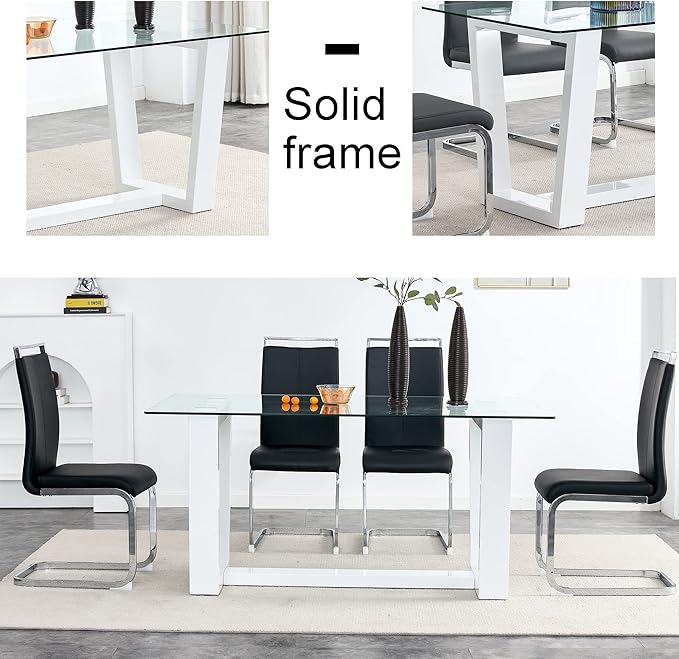 NicBex Glass Dining Table Large Modern Minimalist Rectangular for 6-8 with 0.4" Tempered Glass Tabletop and White MDF Trapezoid Bracket for Kitchen Dining Living Meeting Room Banquet Hall, White - LeafyLoom