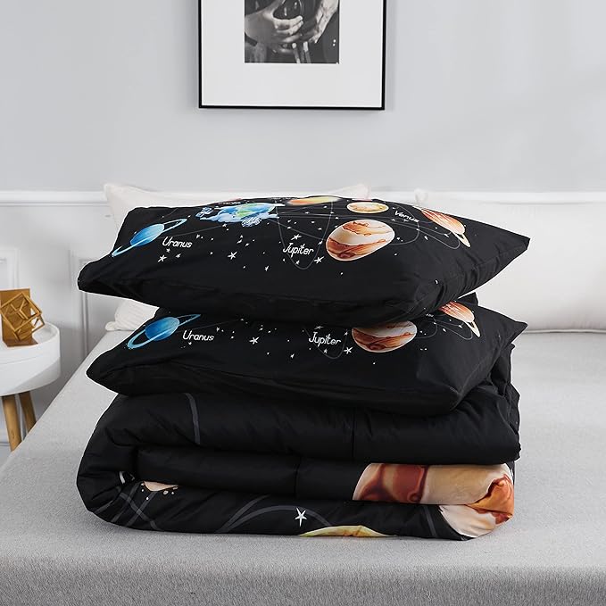 Solar System Comforter Set Queen Universe Planets Theme Bedding Set 3 Pieces 1 Space Comforter and 2 Pillow Shams for Boys Girls Kids Ultra-Soft Microfiber All Seasons for Bedroom Sofa - LeafyLoom