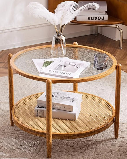 VINGLI 25.6" Rattan Coffee Table, Round Water-wave Glass Metal Center Table, Modern Coffee Table with 2-Tier Storage, Farmhouse Circular Coffee table for Living Room and Small Space, Natural Vibe - LeafyLoom