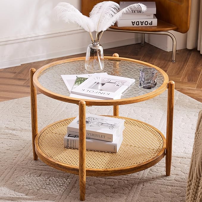 VINGLI 25.6" Rattan Coffee Table, Round Water-wave Glass Metal Center Table, Modern Coffee Table with 2-Tier Storage, Farmhouse Circular Coffee table for Living Room and Small Space, Natural Vibe - LeafyLoom