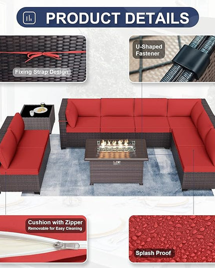 Patio Furniture Sectional Sofa 10 Pieces PE Rattan Patio Conversation Set w/43in Gas Fire Pit Table, Outdoor Furniture with 55000 BTU Propane Fire Pit, Red - LeafyLoom