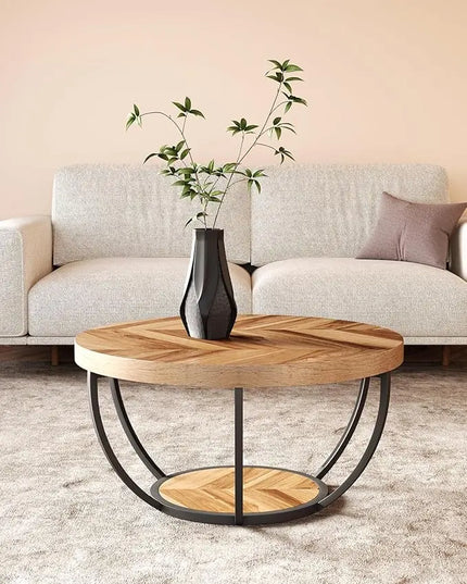 Round Coffee Table, 32" Circle Coffee Table for Living Room, 2-Tier Wood Accent Center Table with Open Storage Industrial Design Home Furniture (Wood Grain and Black) - LeafyLoom