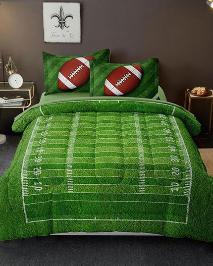 Football Comforter Set Full Size for Teen Boys, Kids Football Field Bedding Green Themed Bedroom Set with Sheets, Full Bed in a Bag Set - LeafyLoom
