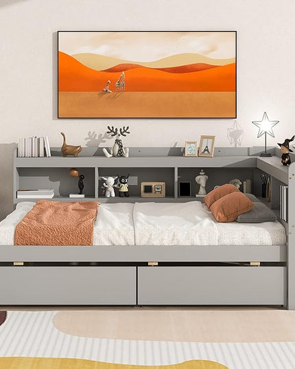 Full Size Platform Bed with L-Shaped Bookcase and 2 Storage Drawers, Wood Daybed frames with Headboard, Gray - LeafyLoom