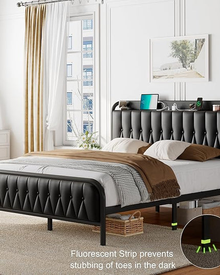 Feonase Full Bed Frame with Type-C & USB Port, Metal Platform Beds, with Faux Leather Upholstered Headboard & Footboard, 12" Underbed Storage Space, Easy Assembly, Noise-Free, Black - LeafyLoom
