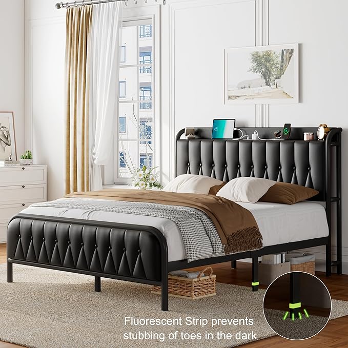 Feonase Full Bed Frame with Type-C & USB Port, Metal Platform Beds, with Faux Leather Upholstered Headboard & Footboard, 12" Underbed Storage Space, Easy Assembly, Noise-Free, Black - LeafyLoom