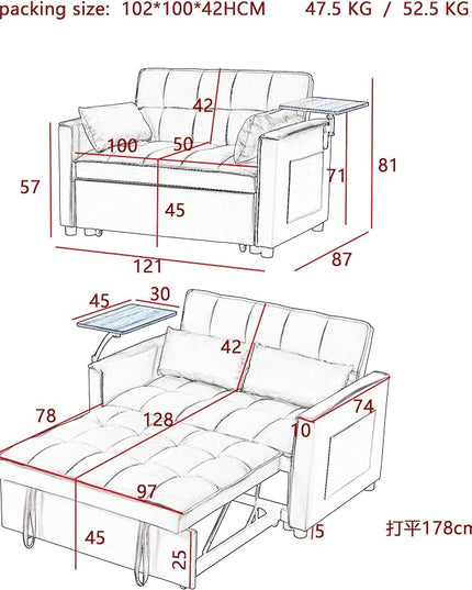 Comfy Cute Tufted Upholstered Loveseat Sofa with Pull Out Sleeper Couch Bed and 2 Pillows,Modern Convertible Love Seat Sofabed for Computer & Coffee Living Room Furniture Sets - LeafyLoom